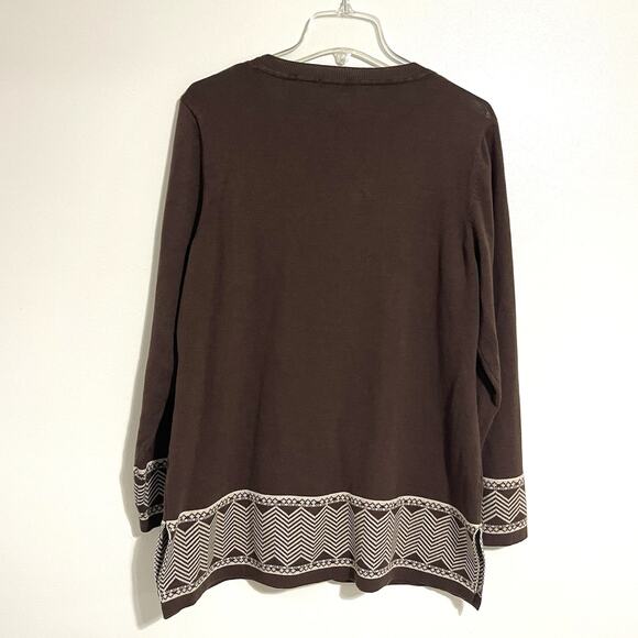 Kim Rogers Knit Chevron Trim Top Size XL Dark Brown Cream Casual Basic Fall - Picture 5 of 8
